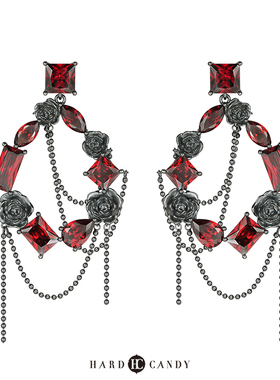 硬糖首饰红色宝石黑色玫瑰花大耳环女适合方圆脸的耳环银流苏复古