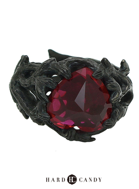 硬糖原创首饰黑女王黑色红色宝石荆棘玫瑰戒指纯银小众粗胖手大号