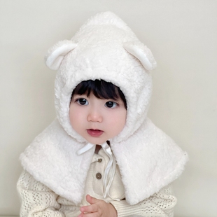 秋冬加厚加绒下雪外出宝宝可爱熊耳朵帽子儿童披肩护耳帽子保暖帽