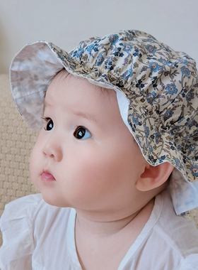 夏季婴儿宝宝蓝色碎花渔夫帽纯棉盆帽小月龄女童可调节大小太阳帽