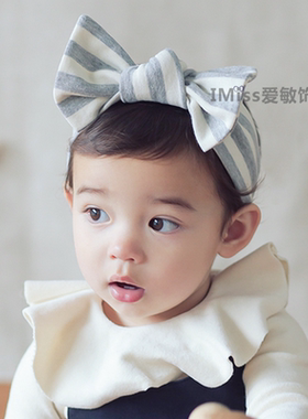 手工定制纯棉灰白色+蓝白条纹舒服宝宝遮囟门发饰婴儿新生儿发带