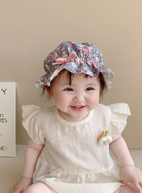 夏薄款女宝宝蓝色碎花盆帽新生儿防晒遮阳纯棉花边渔夫太阳帽包邮