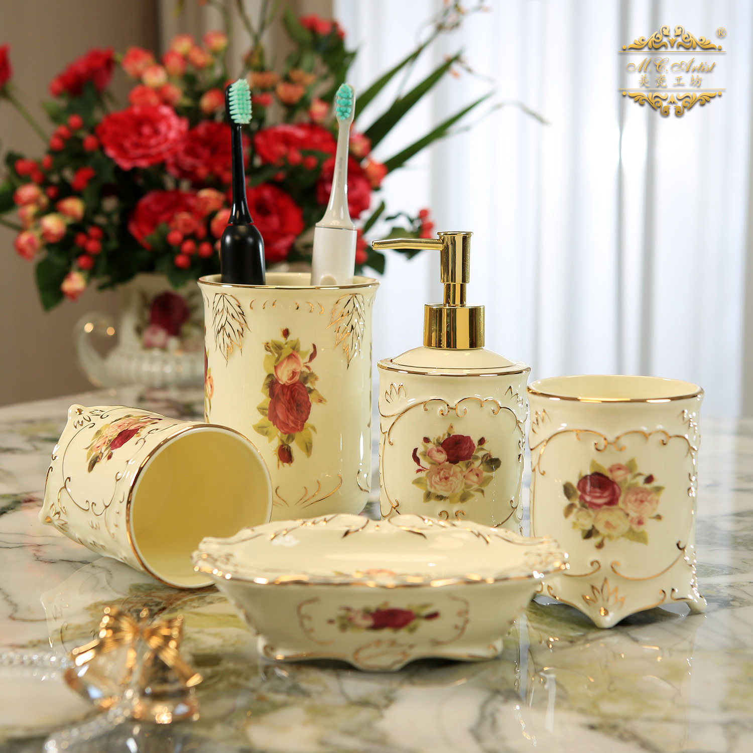 美瓷工坊英伦玫瑰欧式陶瓷卫浴五件套装漱口杯牙刷架洗漱用品2032