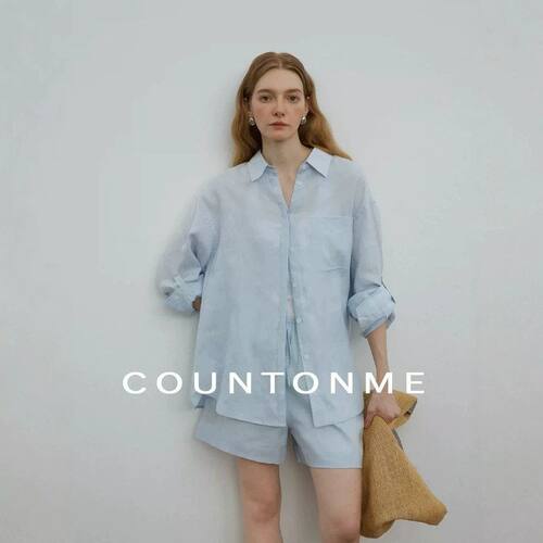 COUNTONME 松弛夏日/慵懒随性风全亚麻廓形翻领衬衫/短裤防晒套装