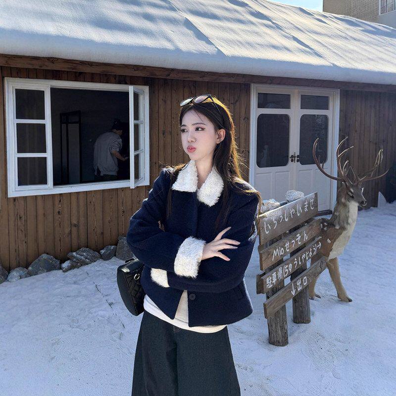 实拍~秋冬气质撞色羊羔毛翻领夹棉加厚短款毛呢外套保暖上衣女装