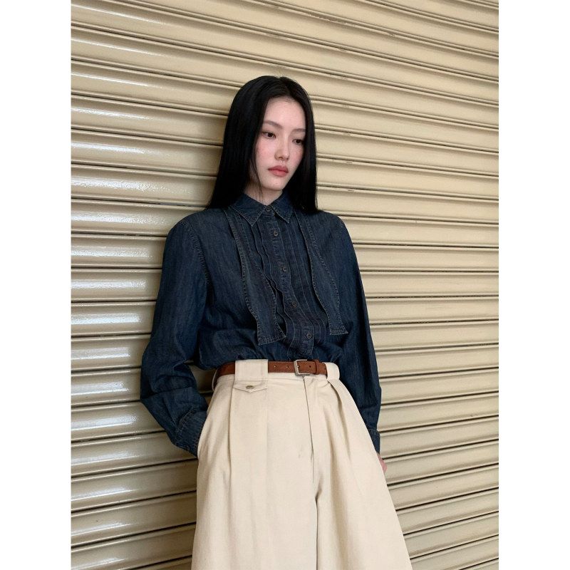 NEIHE内赫秋季风琴褶水洗牛仔衬衫女气质翻领长袖叠穿衬衣