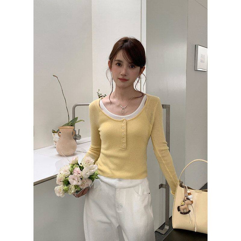 撞色假两件简约针织衫女正肩显瘦韩系长袖上衣