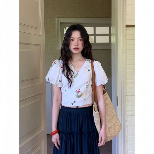 诠释美 NEWOPEN 25夏法式清新减龄短款一片绑带泡泡袖上衣女