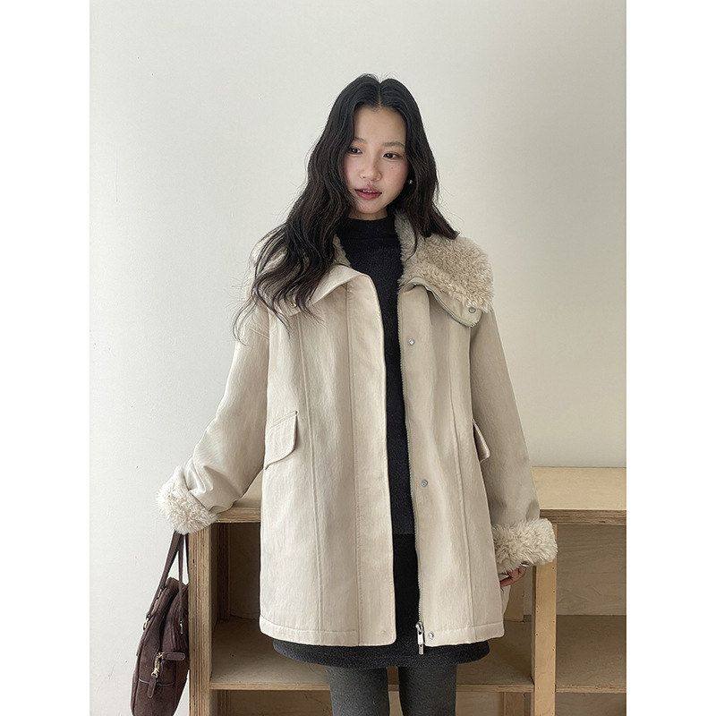 【暖炉派克】复古毛绒加厚大翻领中长款外套女冬季大衣