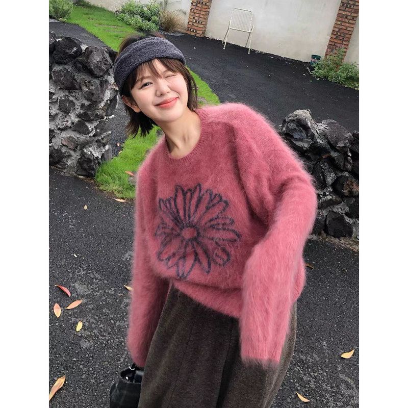 树莓粉色马海毛套头毛衣女秋冬外毛衣