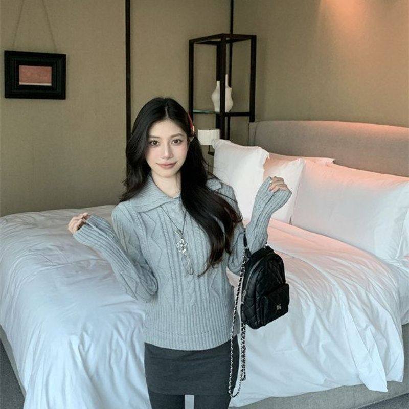 实拍 真实价 polo翻领套头麻花针织衫新款加厚长袖上衣女