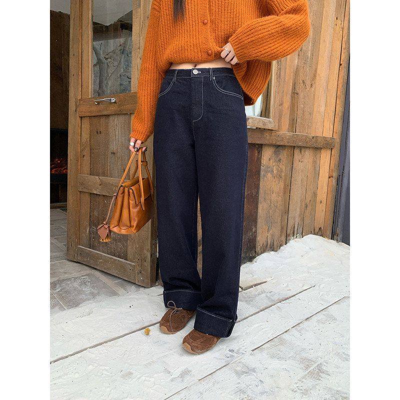 趋梦DT ETOLIE高腰阔腿牛仔裤女卷边设计宽松显瘦复古休闲长裤子