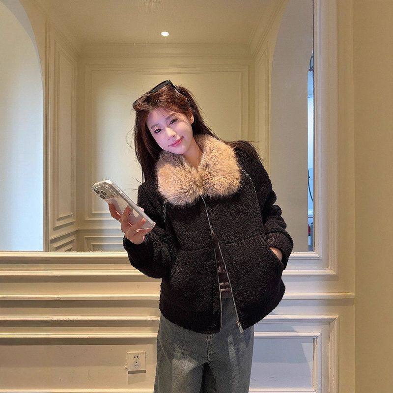实拍~ 定染毛领小颗粒皮毛一体羊羔毛外套女保暖长袖上衣冬季女装