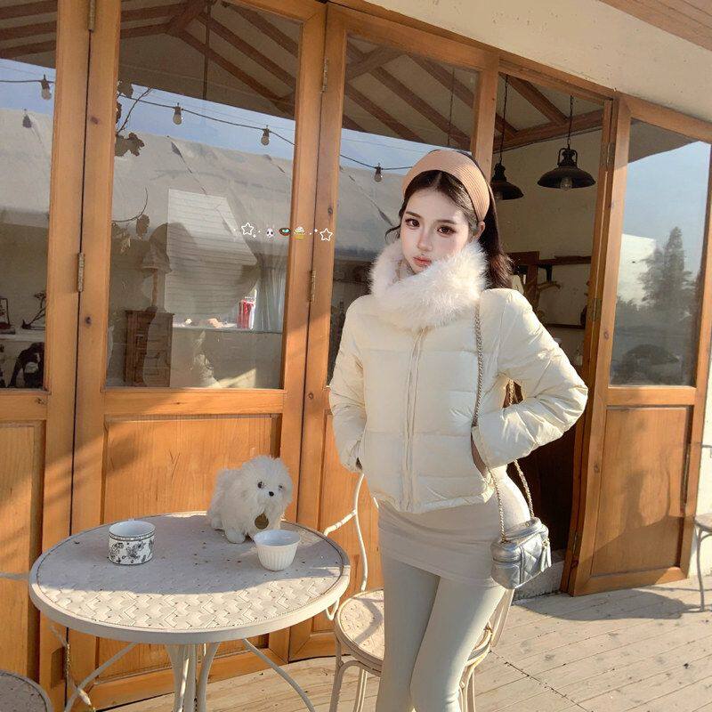 实拍2025女式毛领围脖短款轻薄保暖棉服外套韩版女装冬新款