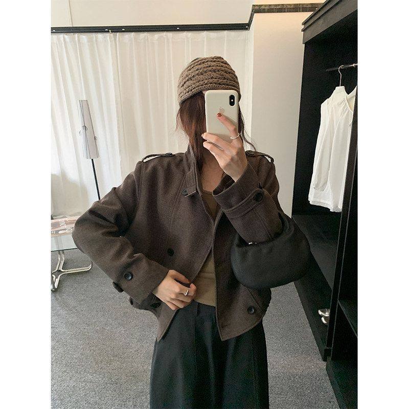 高级感双排扣立领毛呢外套女秋冬韩系短款休闲夹克上衣