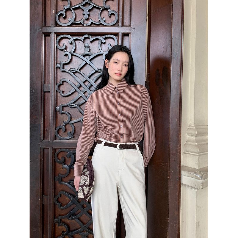 NEIHE内赫2026年秋季复古条纹领巾长袖衬衫女高级感轻奢
