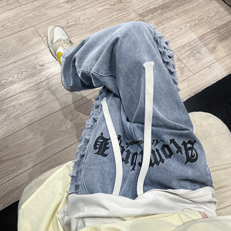 欧美高街复古刺绣牛仔裤男潮牌直筒宽松潮流坠感长裤n331p55,男装牛仔裤,星座712
