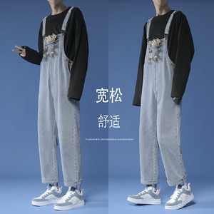 春夏破洞牛仔背带裤 中性印花9分连体裤 B269-BD53- p68图片