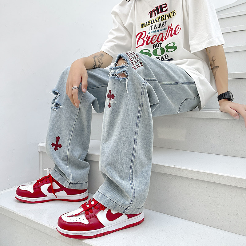 春夏季破洞高街牛仔裤印花割破男女直筒裤-N300P58，男装牛仔裤，星座712