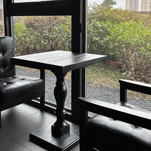 法式餐桌黑色纯实木中古圆形咖啡桌洽谈木质美式小方桌酒店边几