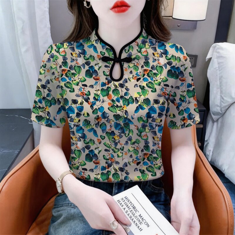 改良旗袍领夏季新款短袖t恤女显T恤