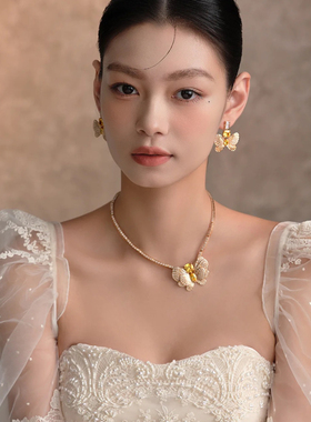超闪重工黄宝石金色蝴蝶项链耳环