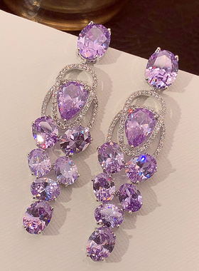 清新甜美小众紫水晶闪钻耳环复古重工紫钻高级感小礼服紫色配饰女