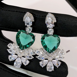 欧美高级感满钻气质心形绿钻水滴闪钻耳环耳饰女超闪大气夸张耳钉