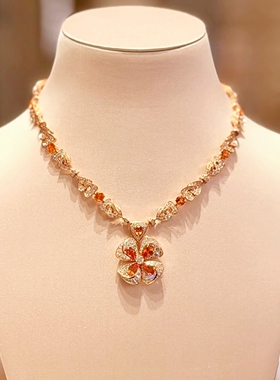 橘红钻四叶花耳环项链套装