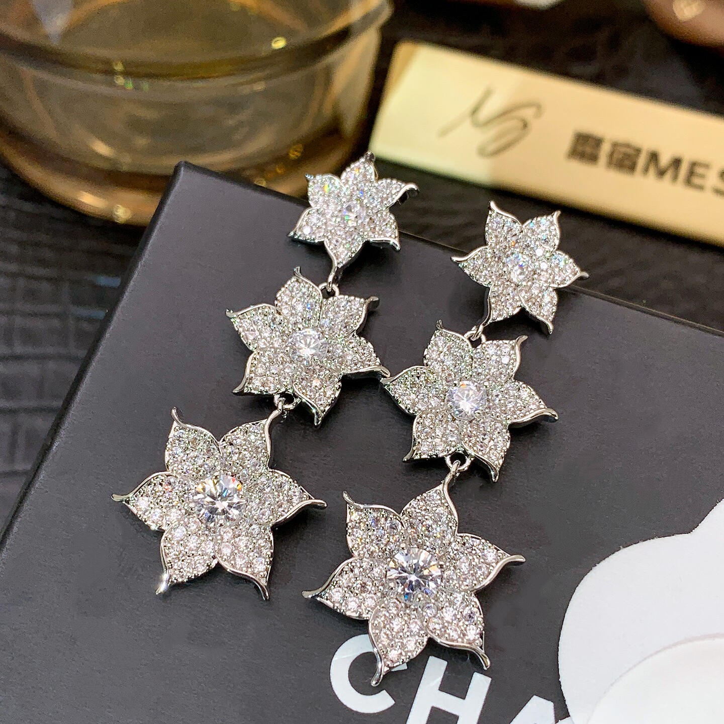 满钻星星花朵长款耳坠轻奢高级感
