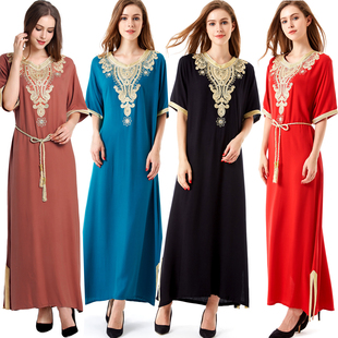欧美民族特色长裙中东土耳其度假大码女装刺绣系带长袍连衣裙红色