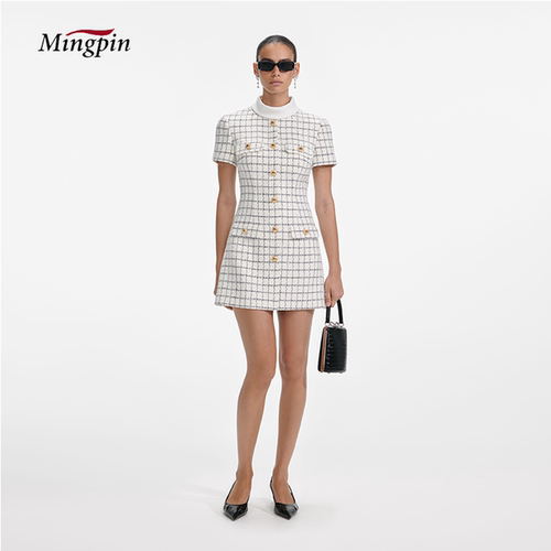 优雅格纹连衣裙女短袖收腰显瘦