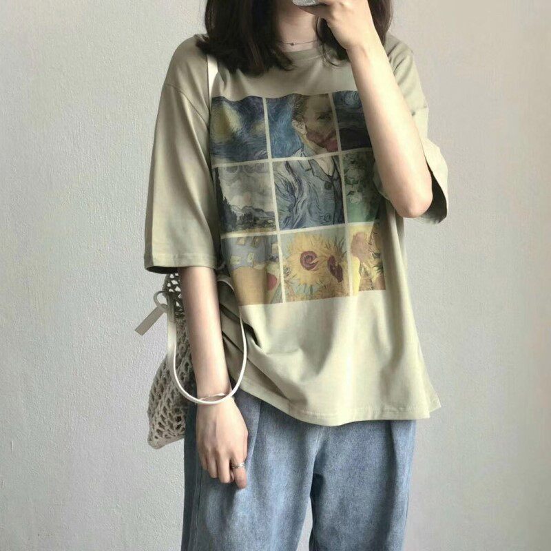 油画感纯棉女复古短袖