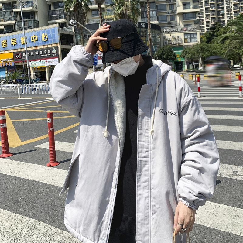3港风潮流休闲宽松连帽外套大码羊羔毛加厚棉服XZ405-1-WY9901-12,男装棉衣,星座405-1