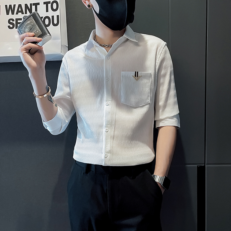 高级感口袋衬衫男短袖夏季2023新款潮流时尚修身痞帅七分中袖衬衣