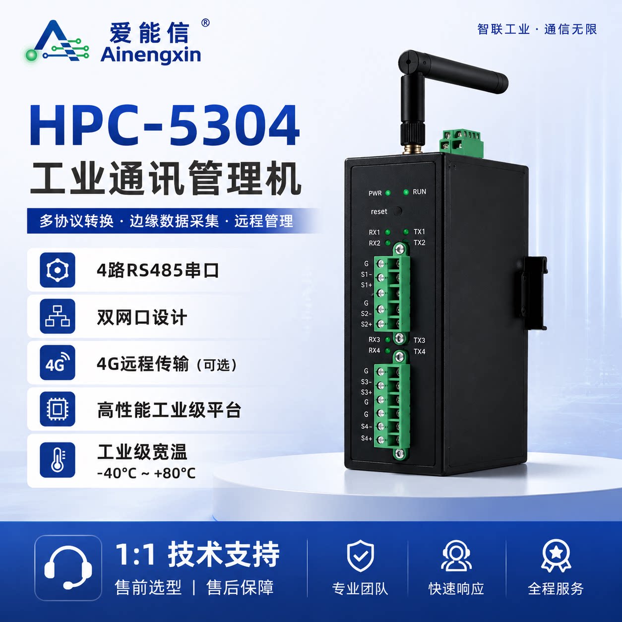 工业级通讯管理机HPC-5304工业通讯管理机4路RS485串口远程管理4口485转以太网通讯管理机