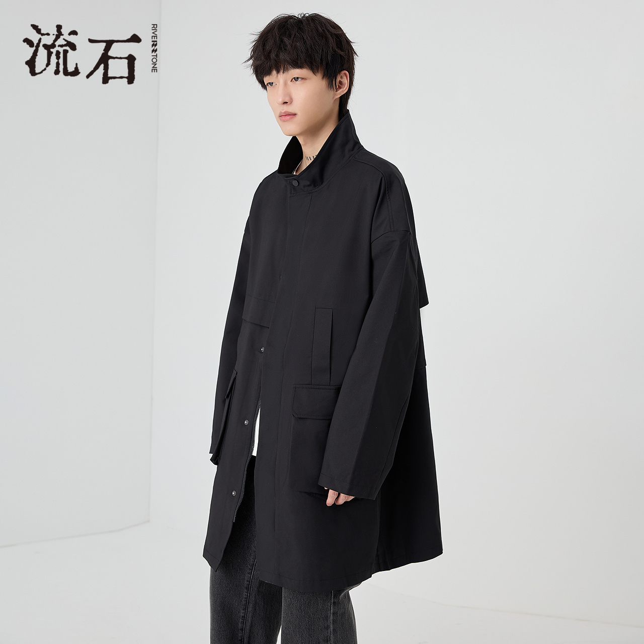 流石男装立领黑色高级中长款风衣2025年春季新款男士阔版时尚外套