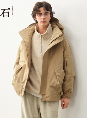 流石男装工装风连帽短款羽绒服2025年冬季新款男生加厚保暖外套潮