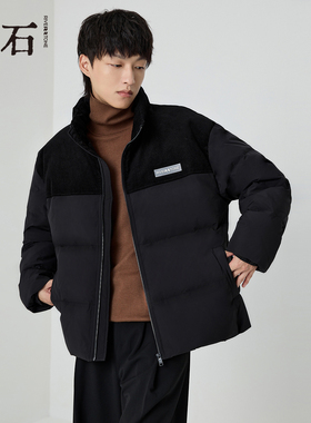 RS流石男装灯芯绒拼接短款羽绒服2025新款冬季高端简约保暖外套潮