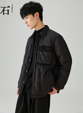 流石男装高级压花短款羽绒服2025年冬季新款男士拼接翻领外套夹克