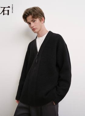 流石男装黑色设计感针织外套2025年冬季新款男款宽松拉链开衫毛衣