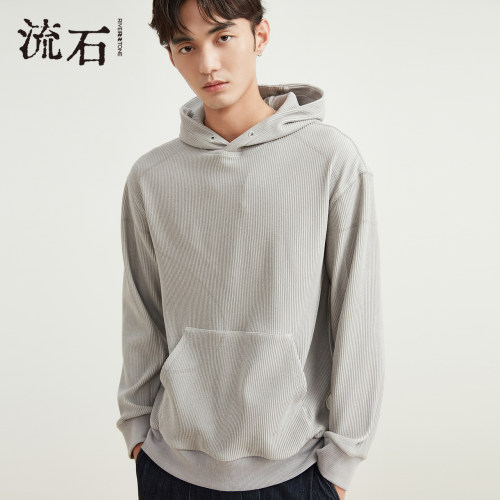 流石男装条纹圆领简约连帽卫衣潮