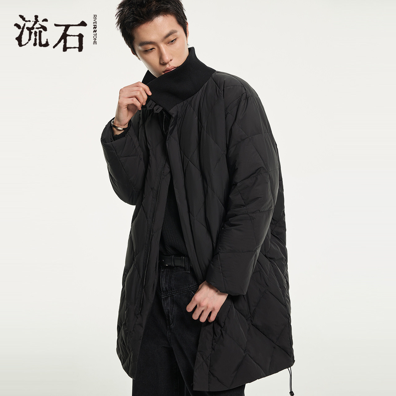 流石男装高级设计感中长款羽绒服2025年冬季新款男士加厚冬天外套