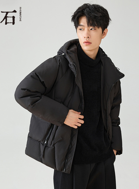 流石男装简约短款连帽羽绒衣2025年冬季新款男士黑色保暖百搭外套