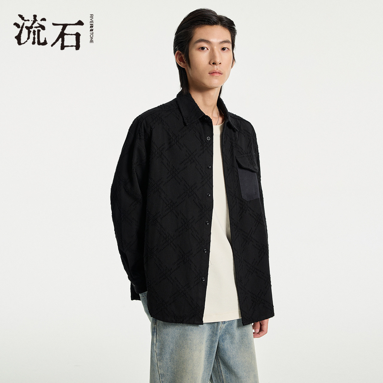 流石男装菱格纹耐磨提花衬衫外套2026年春季男士新款设计感衬衣潮,男装,衬衫,淘宝优惠券,粉丝福利购,淘宝优惠卷