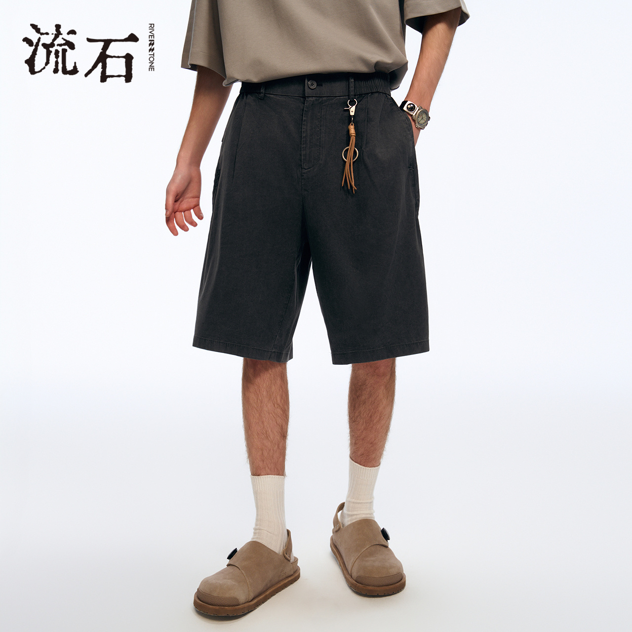 流石男装简约天丝牛仔凉感短裤2025年夏季新款男士水洗宽松休闲裤