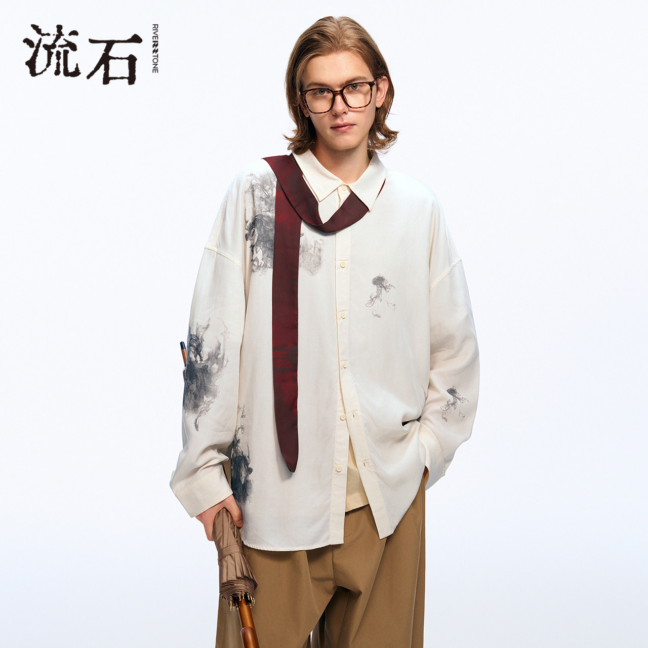 流石男装水墨风长袖衬衫2026年春季新款男士新中式龙图案印花衬衣