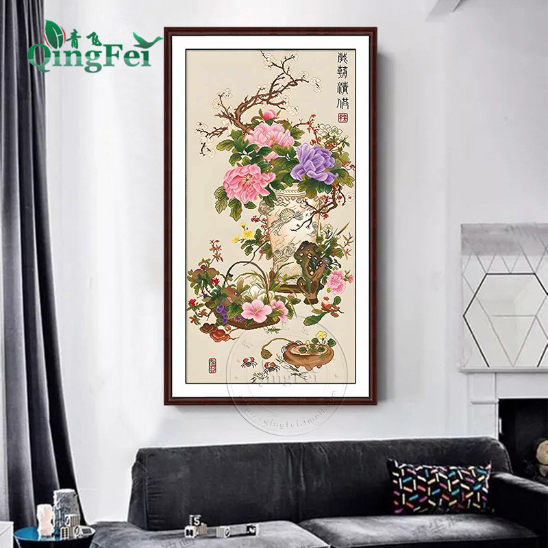青飞精准印布岁朝清供图十字绣油画花瓶古娟牡丹花开客厅玄关大画