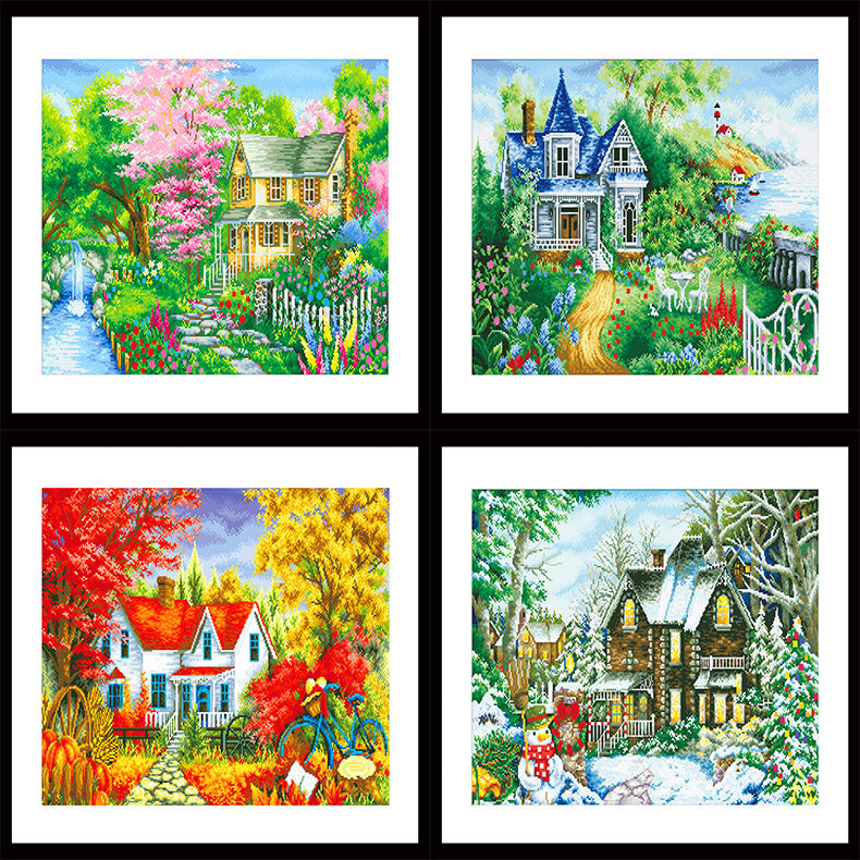 青飞四季之美春夏秋冬满钻钻石画绿树秋叶冬雪欧式风卡通时尚简约