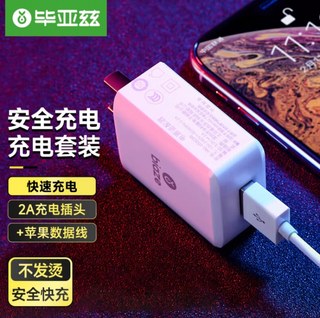 毕亚兹 充电器套装 2A充电插头+苹果数据线1.2米支持苹果及平板充